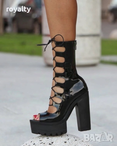 Летни боти на ток - черен лак, снимка 3 - Дамски боти - 54160412