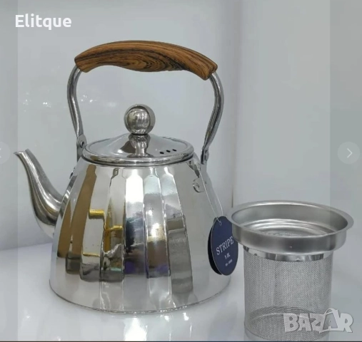 Чайник от неръждаема стомана с фина цедка и дървена дръжка, 1L, снимка 5 - Други - 52901367