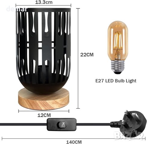 HHMTAKA Метална LED нощна лампа с дървена основа, черна, 22 см, снимка 3 - Настолни лампи - 44185998
