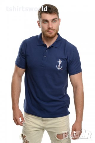 Нова тъмносиня мъжка блуза (тениска) тип Lacoste с Котва и яка, снимка 3 - Блузи - 37662468