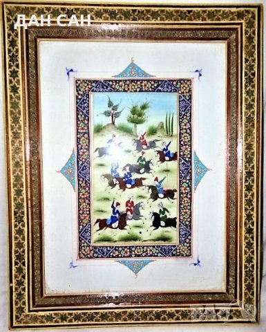 антика Персиа рисувана миниатюра подпис дърво рамка мозайка, снимка 1