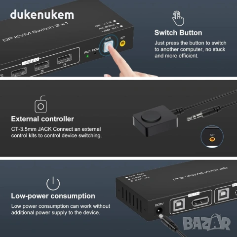 DisplayPort KVM суич 4K@60Hz – 2 компютъра към 1 монитор, снимка 6 - Други - 53083198