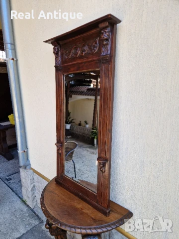 Голямо антикварно английско огледало масив с дърворезба , снимка 5 - Антикварни и старинни предмети - 51083702