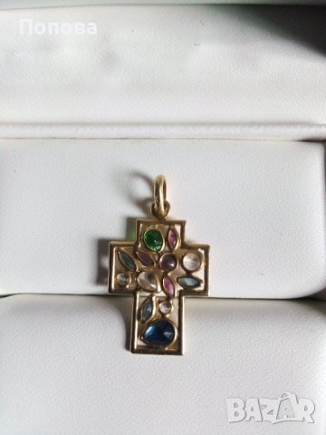  18 к. дизайнерски златен кръст със скъпоценни камъни /изумруд,сапфир,рубин..., снимка 3 - Колиета, медальони, синджири - 39301738