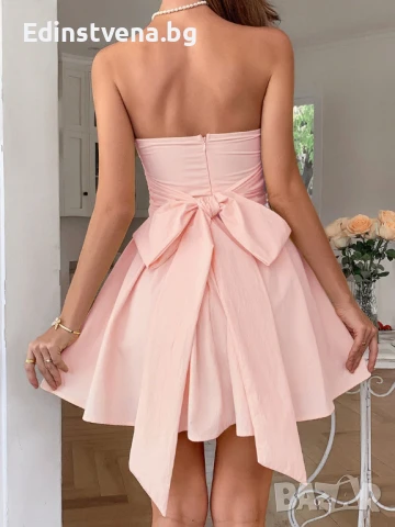 Дамска елегантна розова къса рокля без презрамки, с голяма панделка на гърба, снимка 2 - Рокли - 50820080
