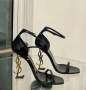 Сандали на ток - черен лак със златист ток - S-Y1L , снимка 2