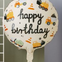  Строителни машини багер камион Happy Birthday кръгъл фолио фолиев балон хелий въздух парти рожден, снимка 1 - Други - 42154948