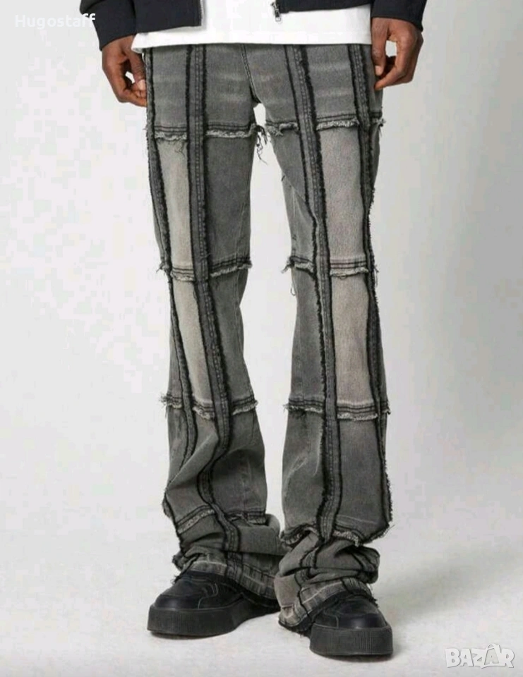 Нови модерни нашивки дънки панталони сиви ластични деним  Хл/34/36, снимка 1