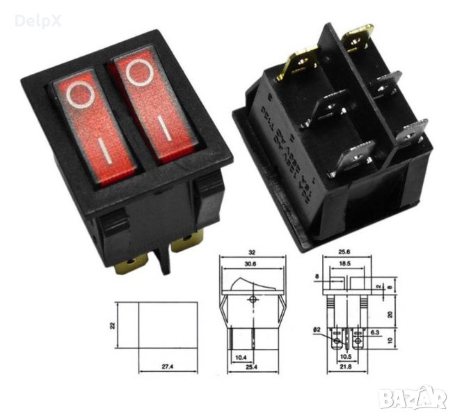 Двоен ключ, 6pin, 2х2 положения, светещ, червен, 250VAC, 15A, 28x26mm, снимка 1