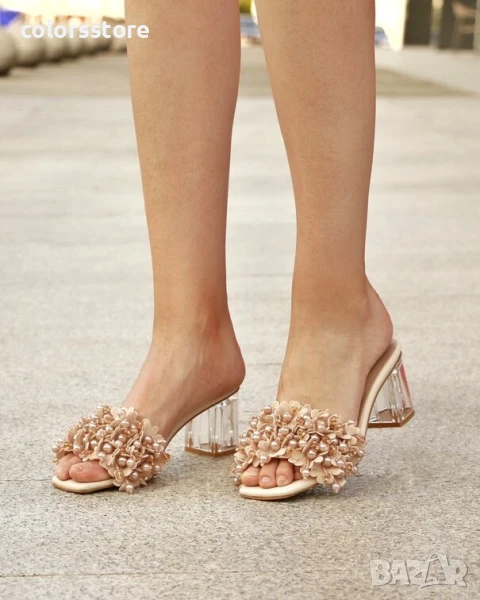 Чехли на ток - бежова кожа с перли - KP70

, снимка 1