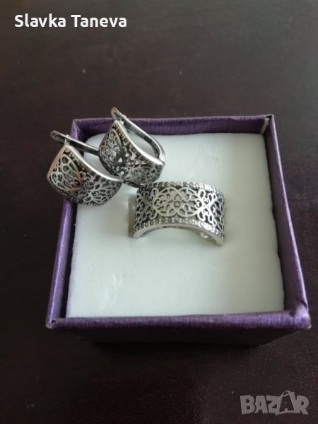Сребърен комплект от обеци и пръстен с патина, снимка 1