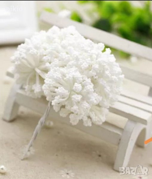 Сноп 12 бр Бели захарни тичинки с топче декоративни цветя бутониери декорация сватба ръчна изработка, снимка 1