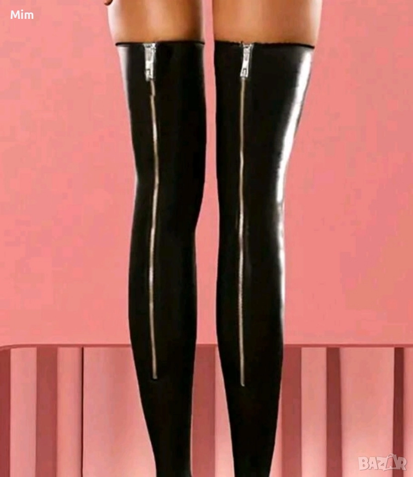 Дамски еластични ,черни ,дълги ,кожени чорапи , снимка 1