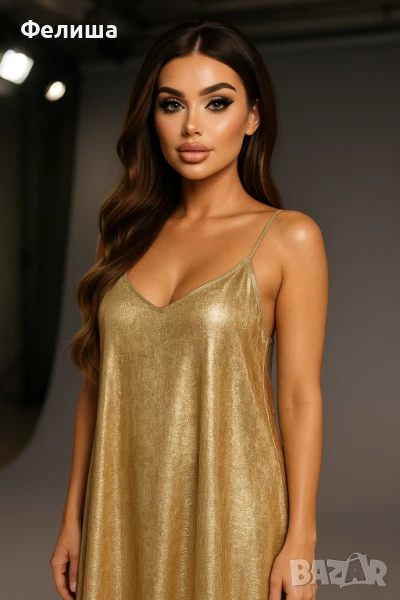 Дълга Арабска Рокля с Бляскав Ефект / Блестящи Отражения Течно Злато , снимка 1