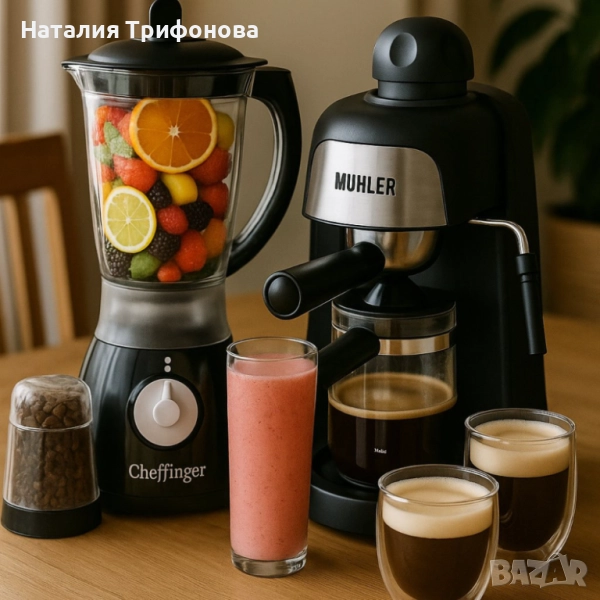 Комплект от еспресо машина MUHLER MCM-33 + 2 стъклени чаши и блендер с мелничка Cheffinger Home CF-P, снимка 1