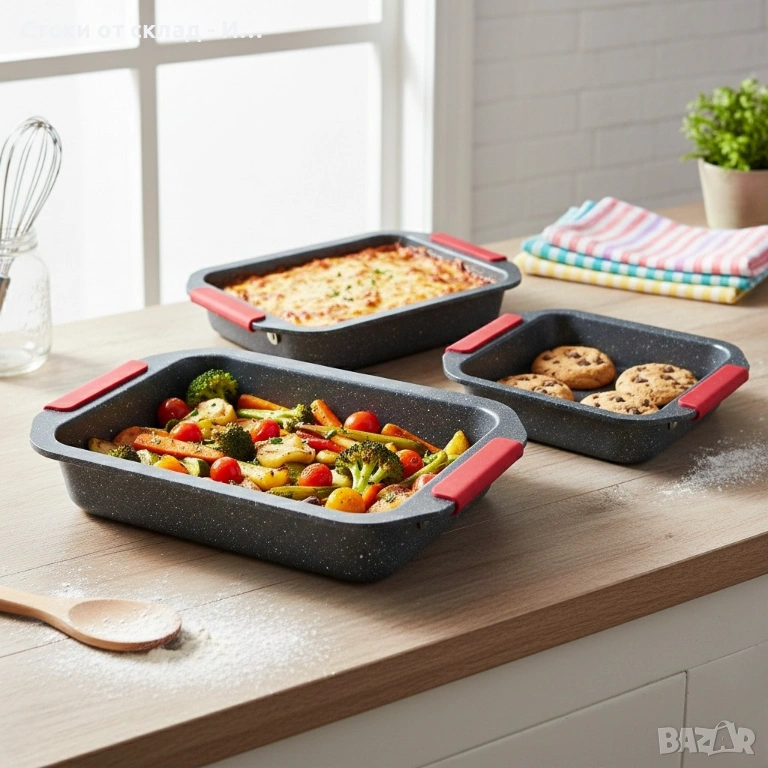 Комплект 3 тави за печене Cheffinger с мраморно покритие и силиконови дръжки – здрави, удобни и спес, снимка 1