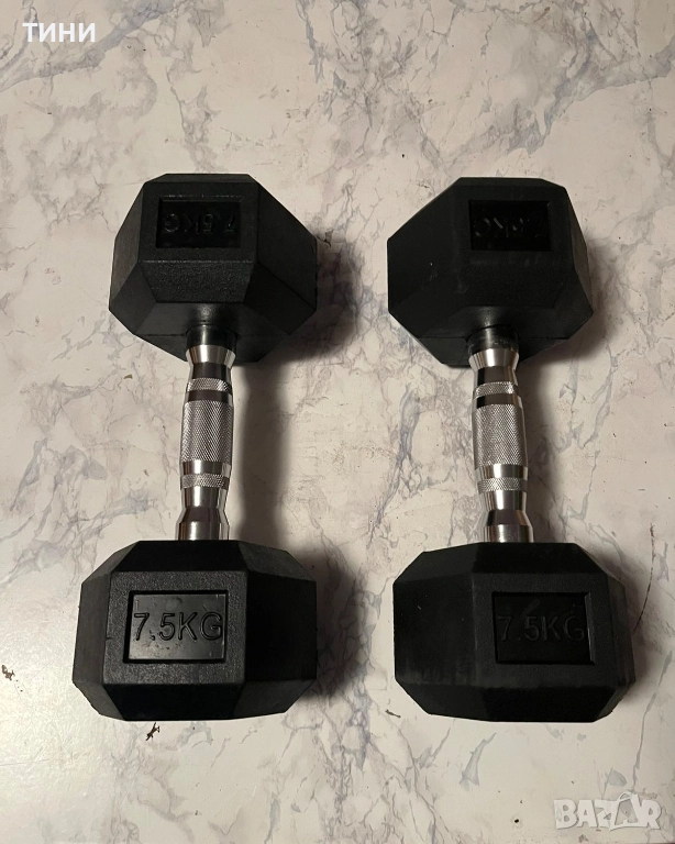 Черни шестоъгълни дъмбели със сребристи, назъбени дръжки 2 бр по 7,5кг., снимка 1