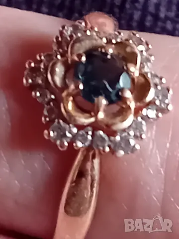 Руски златен пръстен с естествен топаз и фианити с форма на цвете, снимка 4 - Пръстени - 49784159