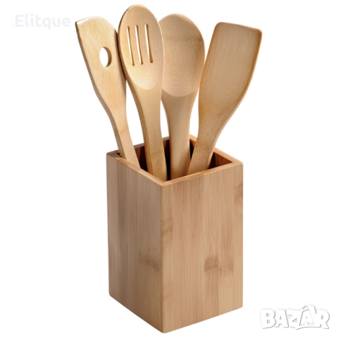 Екологичен комплект бамбукови кухненски прибори с поставка