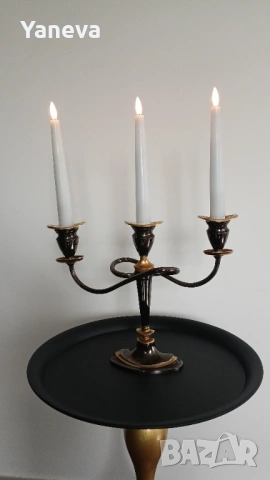 Vintage , метален, немски свещник (канделабър) с три рамена ,  в комбинация от черен и златист цвят, снимка 8 - Декорация за дома - 53904902