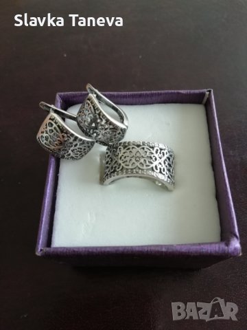 Сребърен комплект от обеци и пръстен с патина, снимка 1 - Бижутерийни комплекти - 37785950