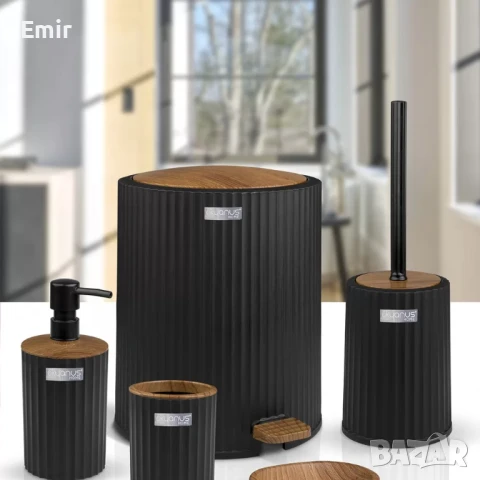 Комплект за баня 5 части с кош с педал и дървесен ефект и цветове, снимка 3 - Други стоки за дома - 50891421