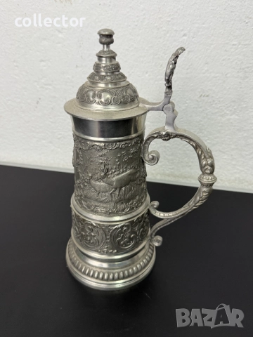 Уникална калаена халба с капак / ловни мотиви. №7460, снимка 3 - Антикварни и старинни предмети - 51988329