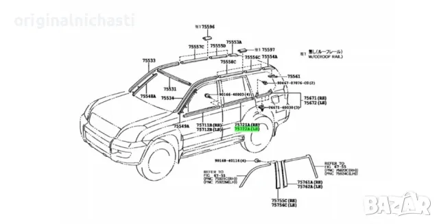 Водобранна лайсна за задна лява врата уплатнение TOЙОТА TOYOTA 7572260061 75722-60061 OEM TOYOTA