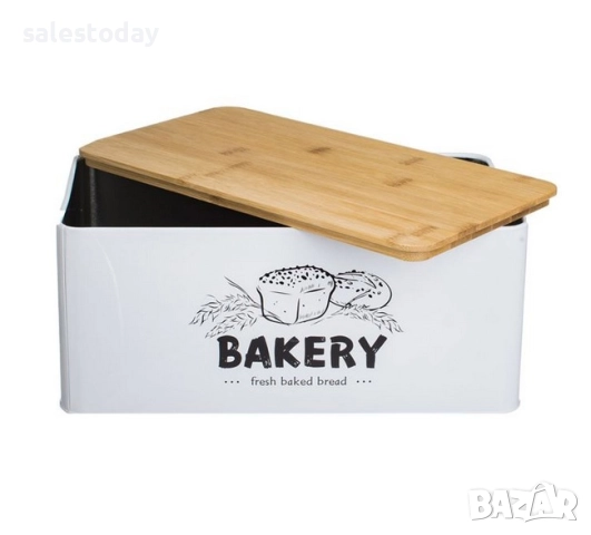 Кутия за хляб, Метална с дървен капак, бял, снимка 2 - Кутии за храна - 35837254