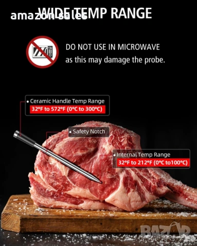 Безжичен Smart термометър за месо BFOUR BF-30 с голям LCD дисплей,100 м безжично управление, снимка 3 - Барбекюта - 54089056