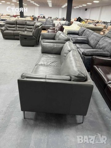 Сиви кожени дивани тройка и двойка - естествена кожа, снимка 3 - Дивани и мека мебел - 37219148