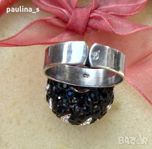 Нов сребърен пръстен с регулация, проба 925 / топка в черно бяло с кристали "Swarovski" , снимка 9 - Пръстени - 29670193