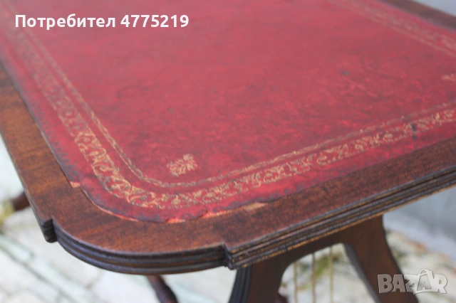 Стилна маса с кожен плот и месингови колелца- лира дизайн, махагон, снимка 8 - Маси - 53948807