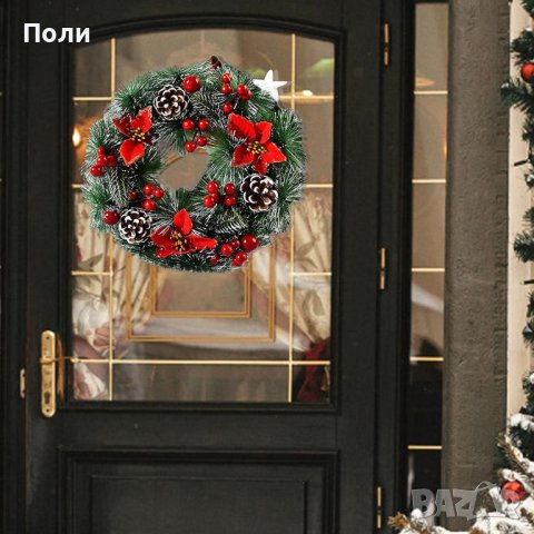 Коледен венец за декорация с шишарки и изкусветни коледни звезди, снимка 5 - Декорация за дома - 42910819