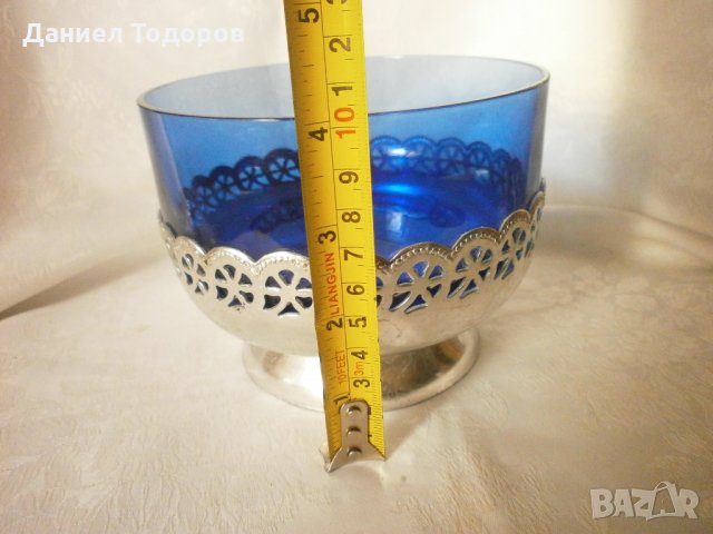  Стара Руска Посребрена Фруктиера, с Кобалтово Синьо Стъкло, снимка 7 - Антикварни и старинни предмети - 32013345