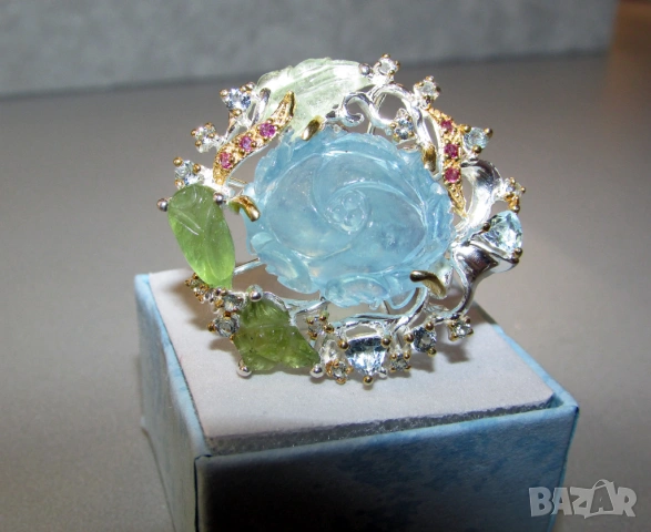 925 сребърен пръстен с 30 карата гравиран аквамарин 20x17мм, снимка 3 - Пръстени - 54203869