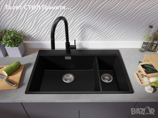 Черна кухненска гранитна мивка Осло 80 Duo Top 780x500 мм, снимка 4 - Мивки - 52548486