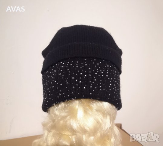 Нова зимна дамска черна шапка Вълна микс с камъчета