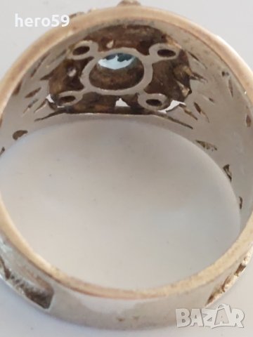 Стар дамски сребърен пръстен с аквамарин и малки бели сапфири, снимка 4 - Пръстени - 39350898