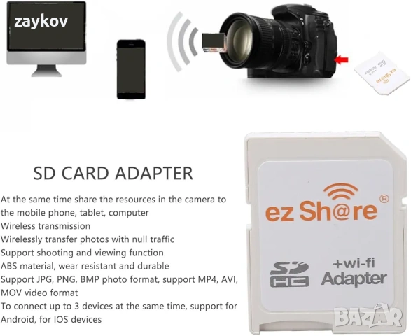 WiFi SD адаптер, WiFi адаптер за SD карта, WiFi адаптер от TF към SD карта, безжично предаване, снимка 3 - Друга електроника - 54308575