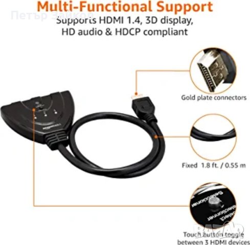 3-портов HDMI превключвател с кабел с пигтейл поддържа Full HD 4K@30Hz видео, 3 в 1 изход, снимка 5 - Друга електроника - 40823786
