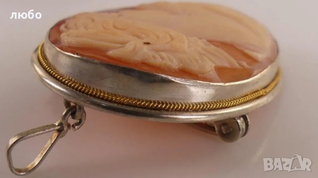 Сребърна Брошка Камея 0,800 Сребро Със Златен Обков 18 к, снимка 5 - Колиета, медальони, синджири - 42252155