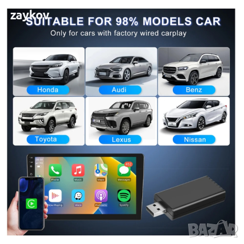 Оригинален кабелен към безжичен Carplay USB адаптер за кола Най-, снимка 4 - Аксесоари и консумативи - 44560668