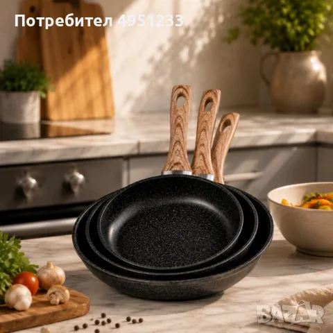 Комплект 3 тигана 20/24/28 см с незалепващо каменно покритие и индукционно дъно – за всички видове к