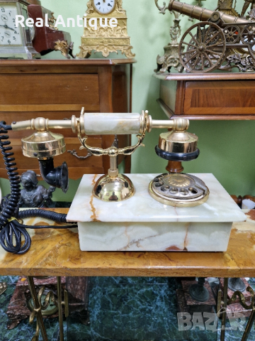 Уникален  рядък  антикварен колекционерски холандски телефон оникс позлатен бронз 