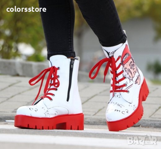 Равни боти - бяло с червено - A110, снимка 3 - Дамски боти - 31843958