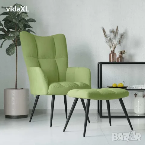 vidaXL Релаксиращ стол с табуретка, светлозелен, кадифе, снимка 2 - Столове - 56146938
