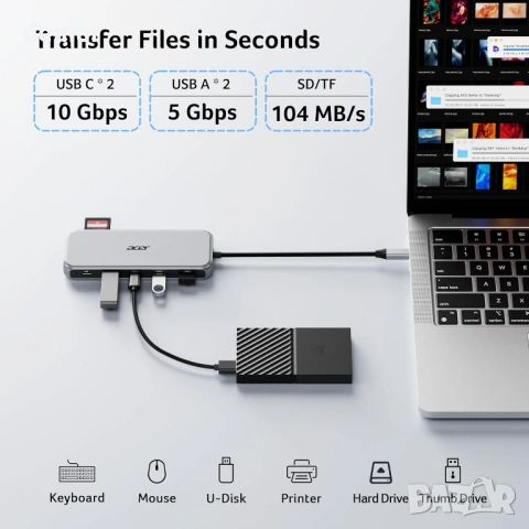 Докинг станция Acer 11-в-1, USB-C троен дисплей 1*DP 8K, 2 × HDMI 4K, снимка 6 - Кабели и адаптери - 54217797