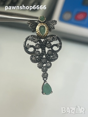 Винтидж висулка 925+14 карата злато с изумруди, снимка 6 - Колиета, медальони, синджири - 51663761