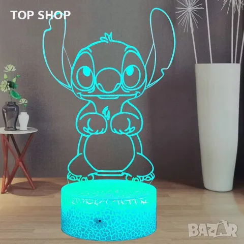 Стич 3D нощна лампа, аниме Stitch, USB,с дистанционно управление,16 цвята, 2 бр. 3Д представки